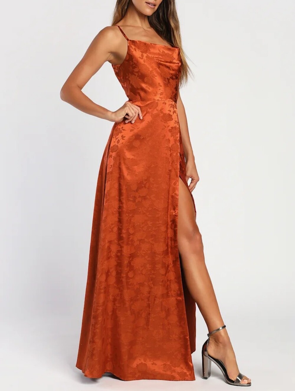 Lulus Simply Dreamy Rust Orange Satin Floral Jacquard Maxi Dress